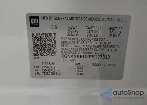 2023 Chevrolet Equinox Fwd Lt из США, поврежденный, VIN 3GNAXKEG2PS127313